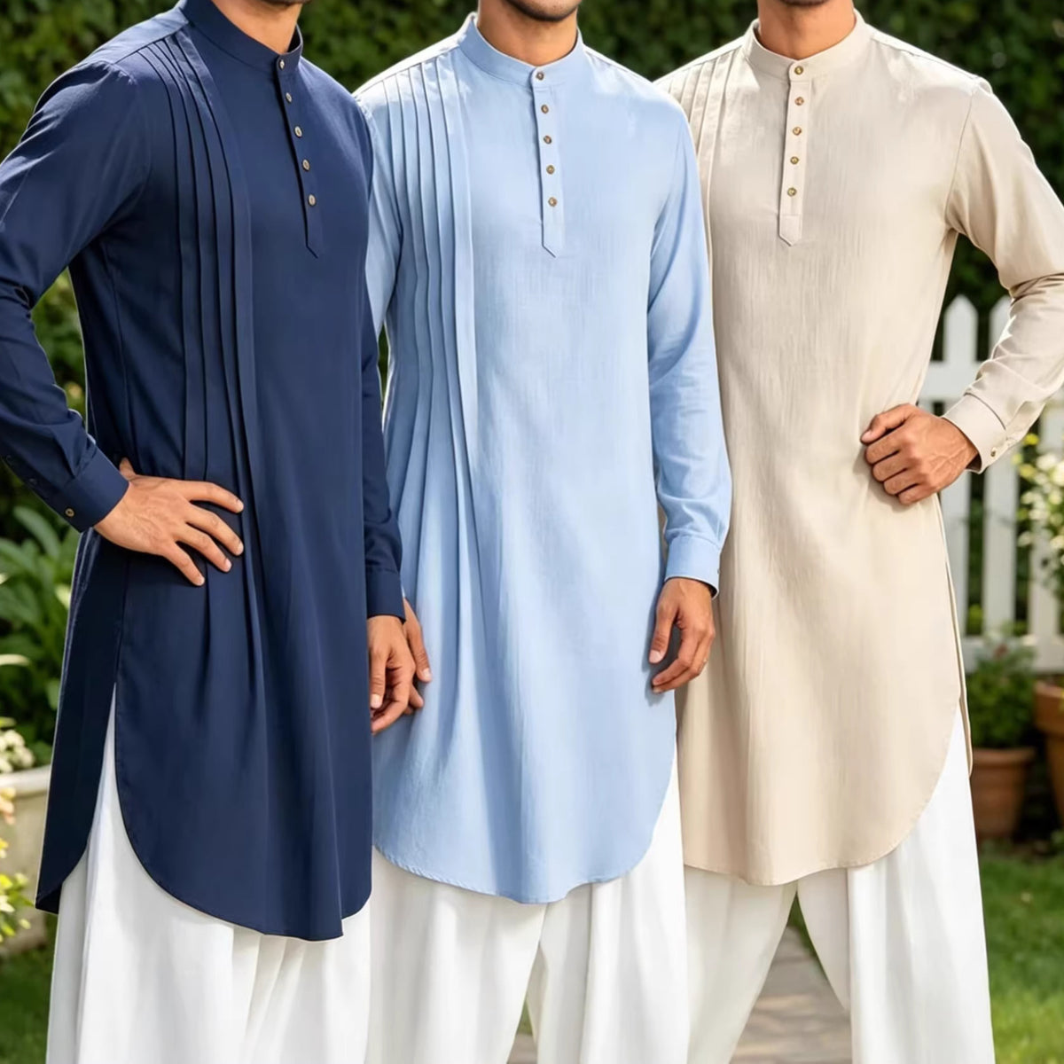 Men's Cotton-Linen Kurta Shirt — Mandarin Collar, Pintuck Pleats | 6 Colours